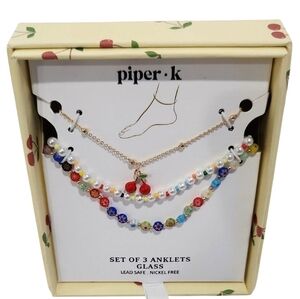 🍒 🔹️Piper k  🔹️Red Cherry  and Blue Beaded Set Of 3 Glass Anklets ✨️🍒
